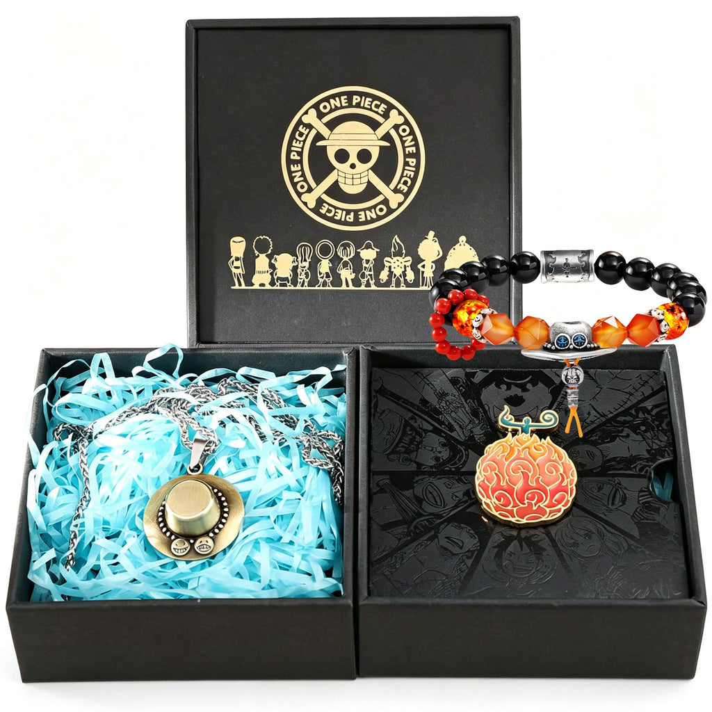One Piece Luffy Ace Jewelry Set, Anime Necklace Bracelet Brooch Gift Box