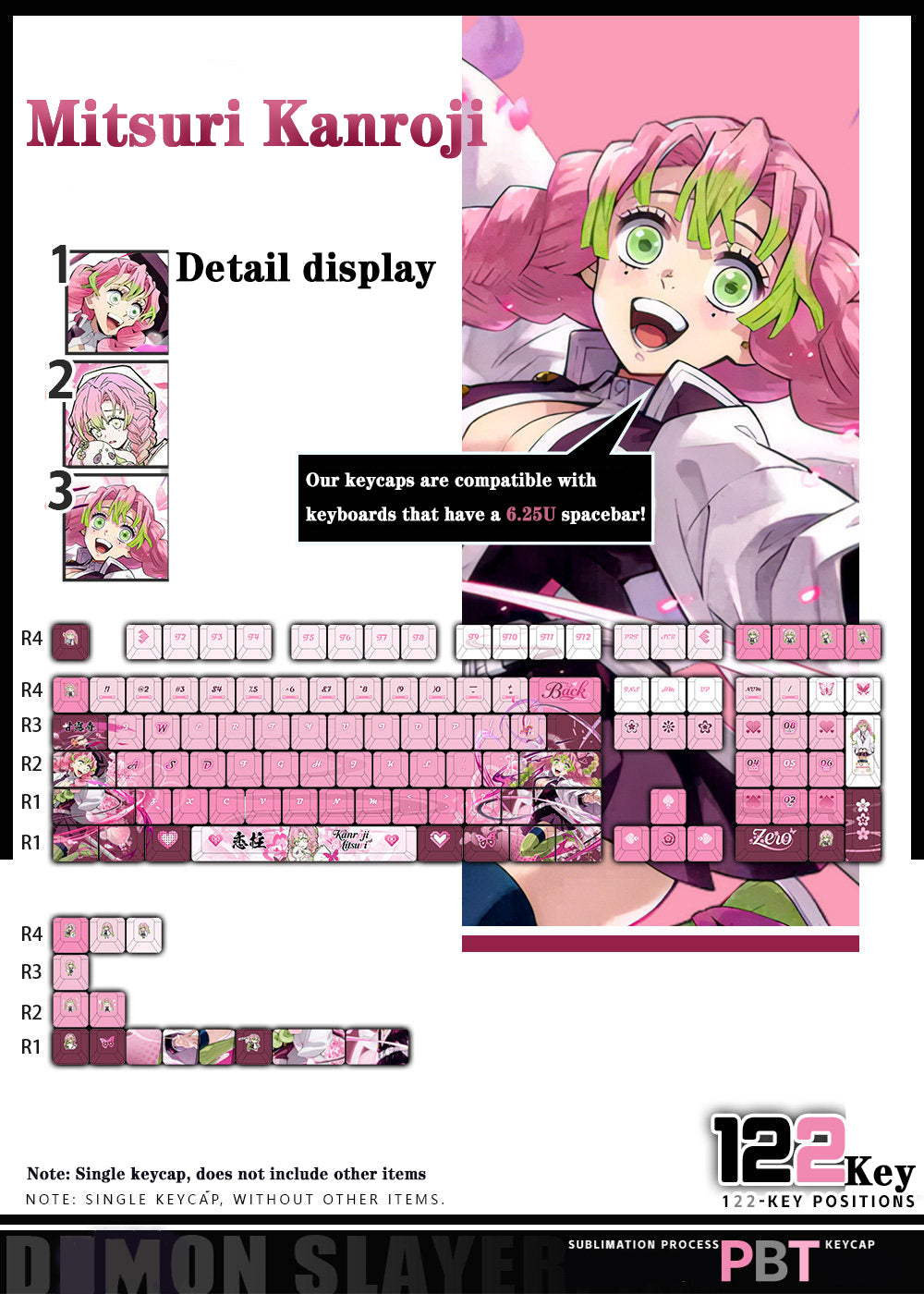 Demon Slayer Kanroji Mitsuri Keycaps 122 PBT Sublimation Keycap Set for Mechanical Keyboard with Detailed Display and Single Keycap Option