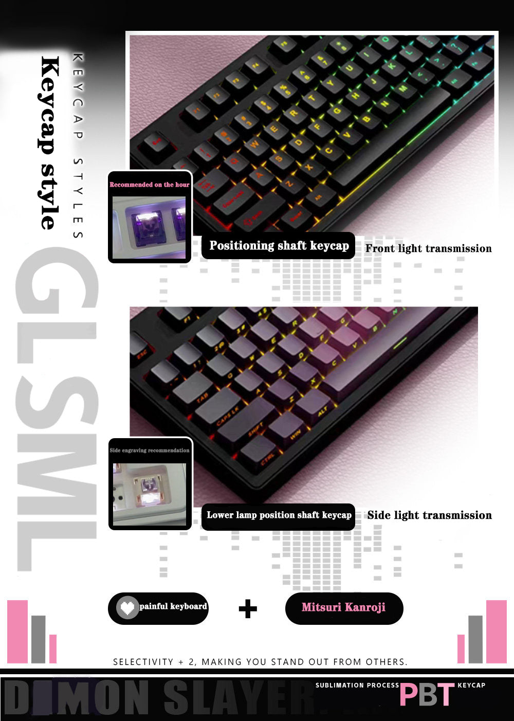 Demon Slayer Kanroji Mitsuri Keycaps 122 PBT Sublimation Keycap Set for Mechanical Keyboard with Detailed Display and Single Keycap Option