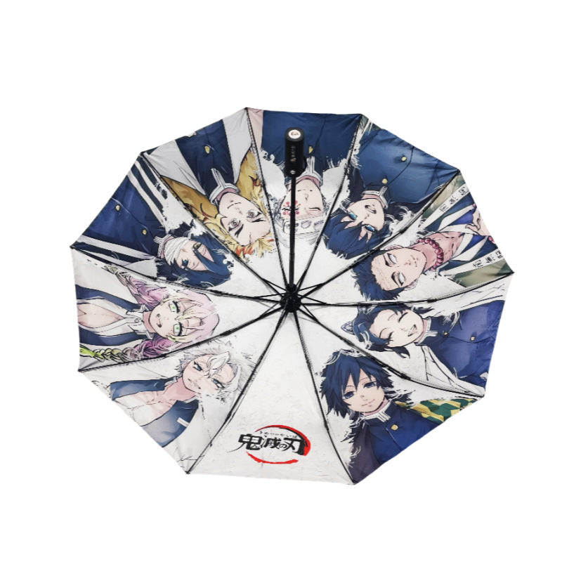 Demon Slayer Tanjiro Nezuko Automatic Folding Umbrella, Anime Hashira Print Black Coated Sun Rain Portable Umbrella