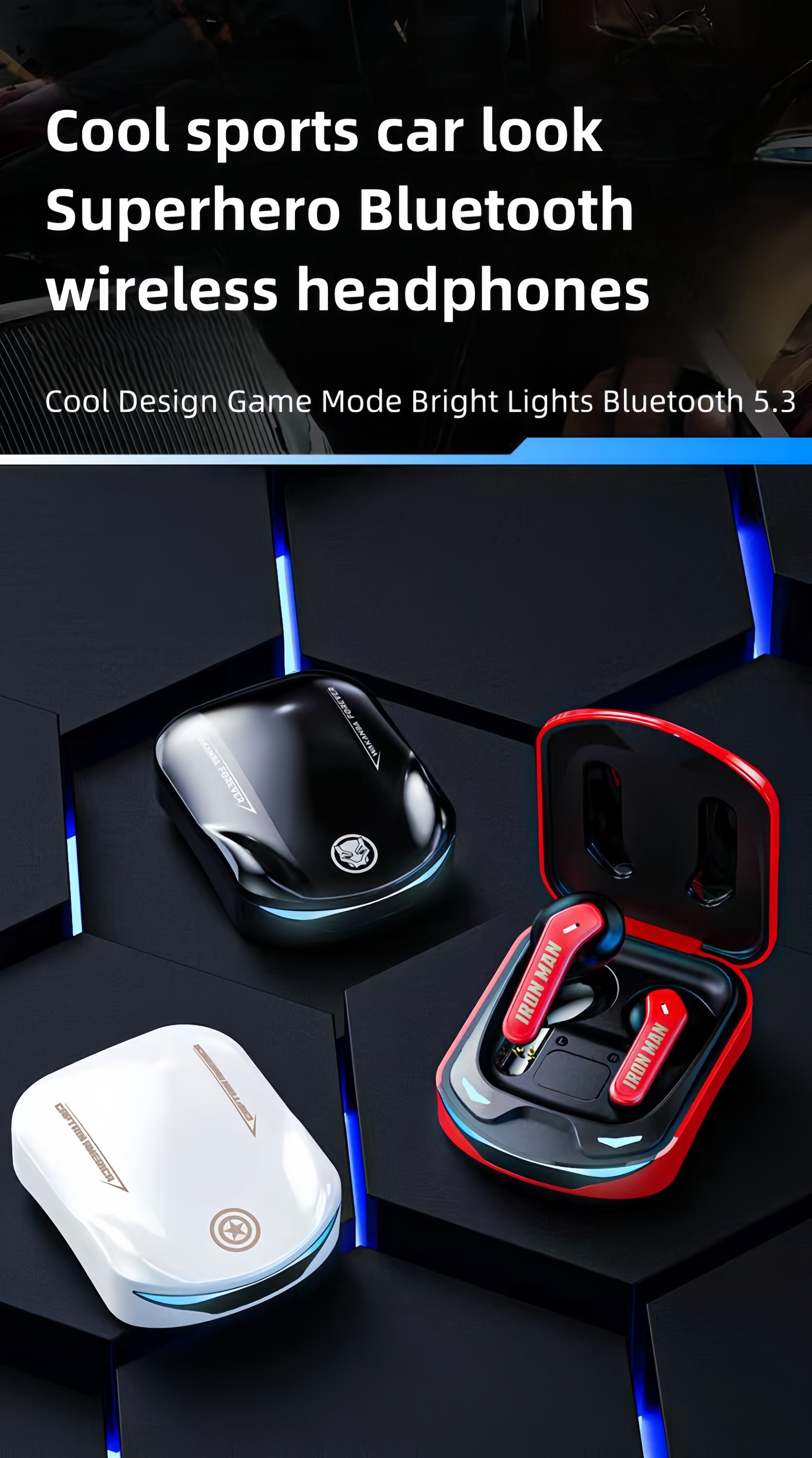 Marvel Iron Man Captain America TWS Wireless Gaming Earbuds, Sports Car LED Light Bluetooth 5.3 Headphones