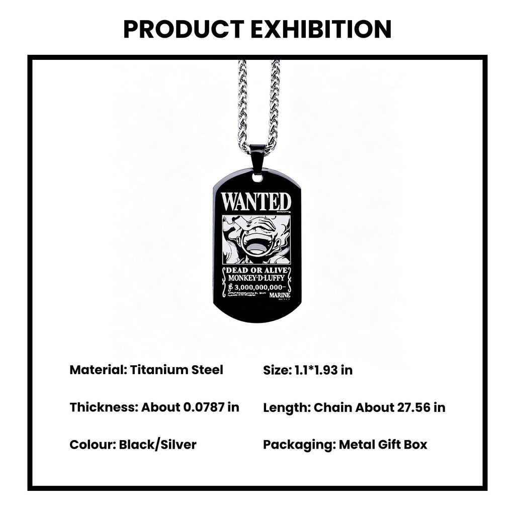 One Piece Luffy Sanji Wanted Poster Dog Tag Necklace, Titanium Steel Anime Jewelry for Fans