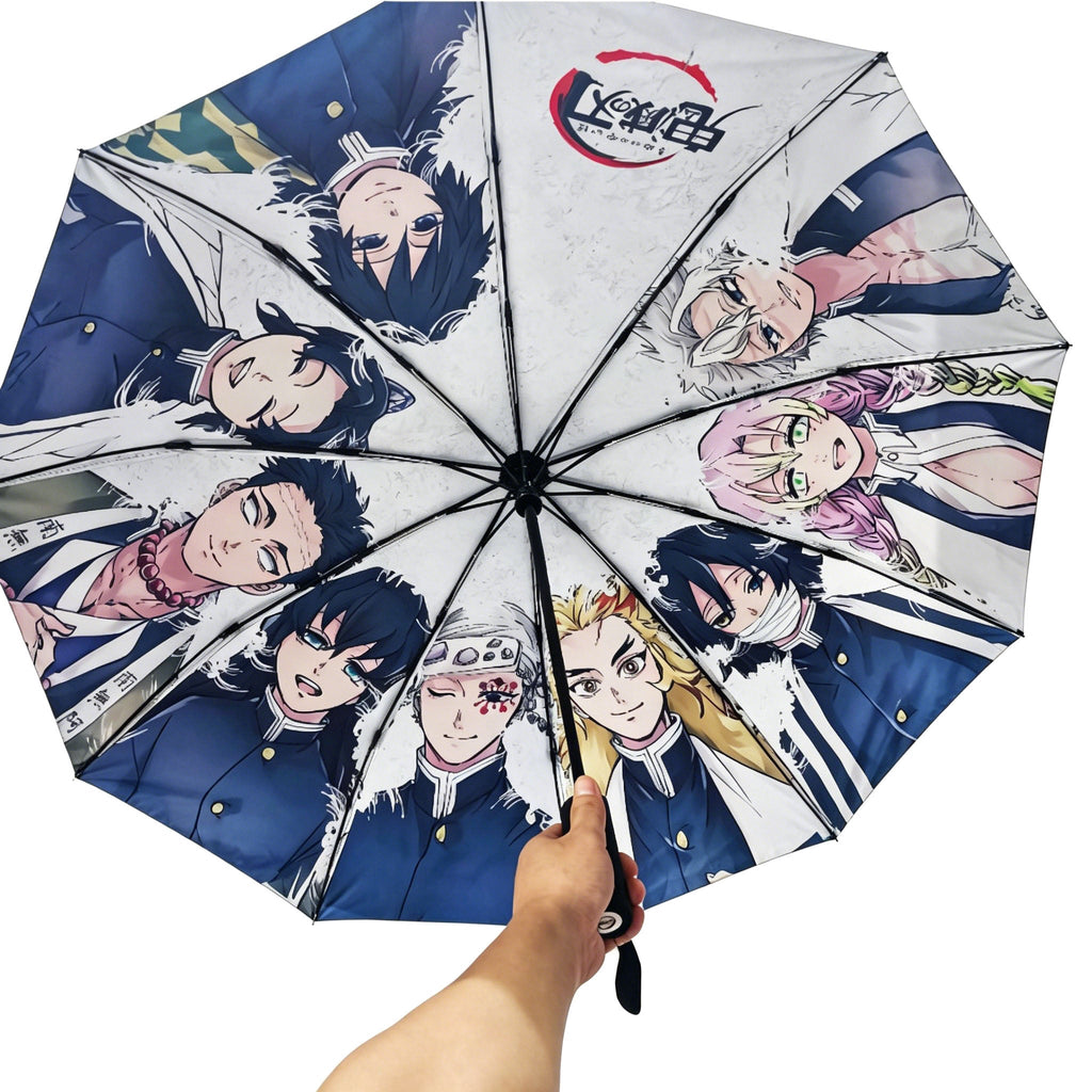 Demon Slayer Tanjiro Nezuko Automatic Folding Umbrella, Anime Hashira Print Black Coated Sun Rain Portable Umbrella