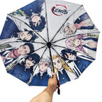 Demon Slayer Tanjiro Nezuko Automatic Folding Umbrella, Anime Hashira Print Black Coated Sun Rain Portable Umbrella