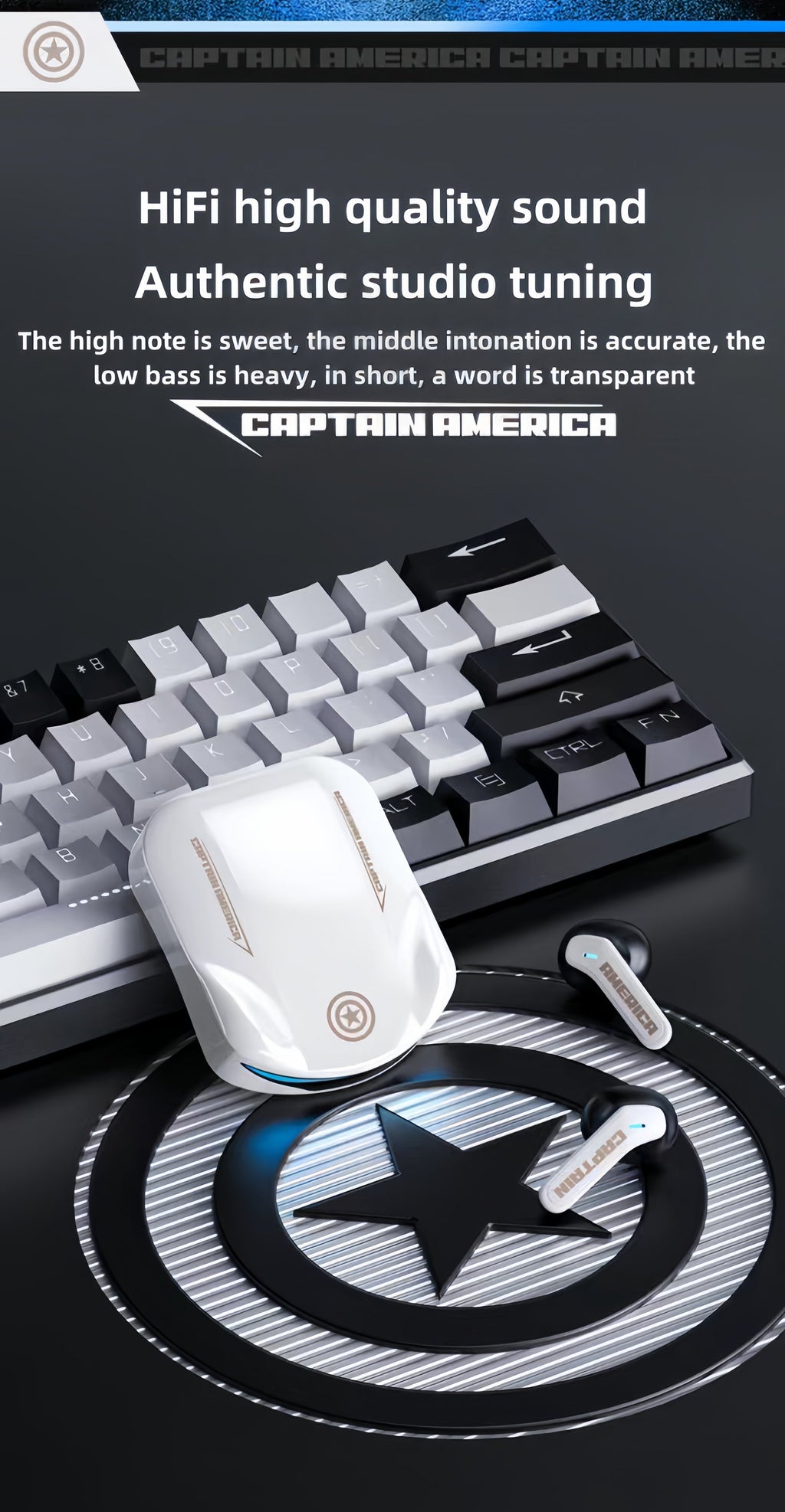 Marvel Iron Man Captain America TWS Wireless Gaming Earbuds, Sports Car LED Light Bluetooth 5.3 Headphones