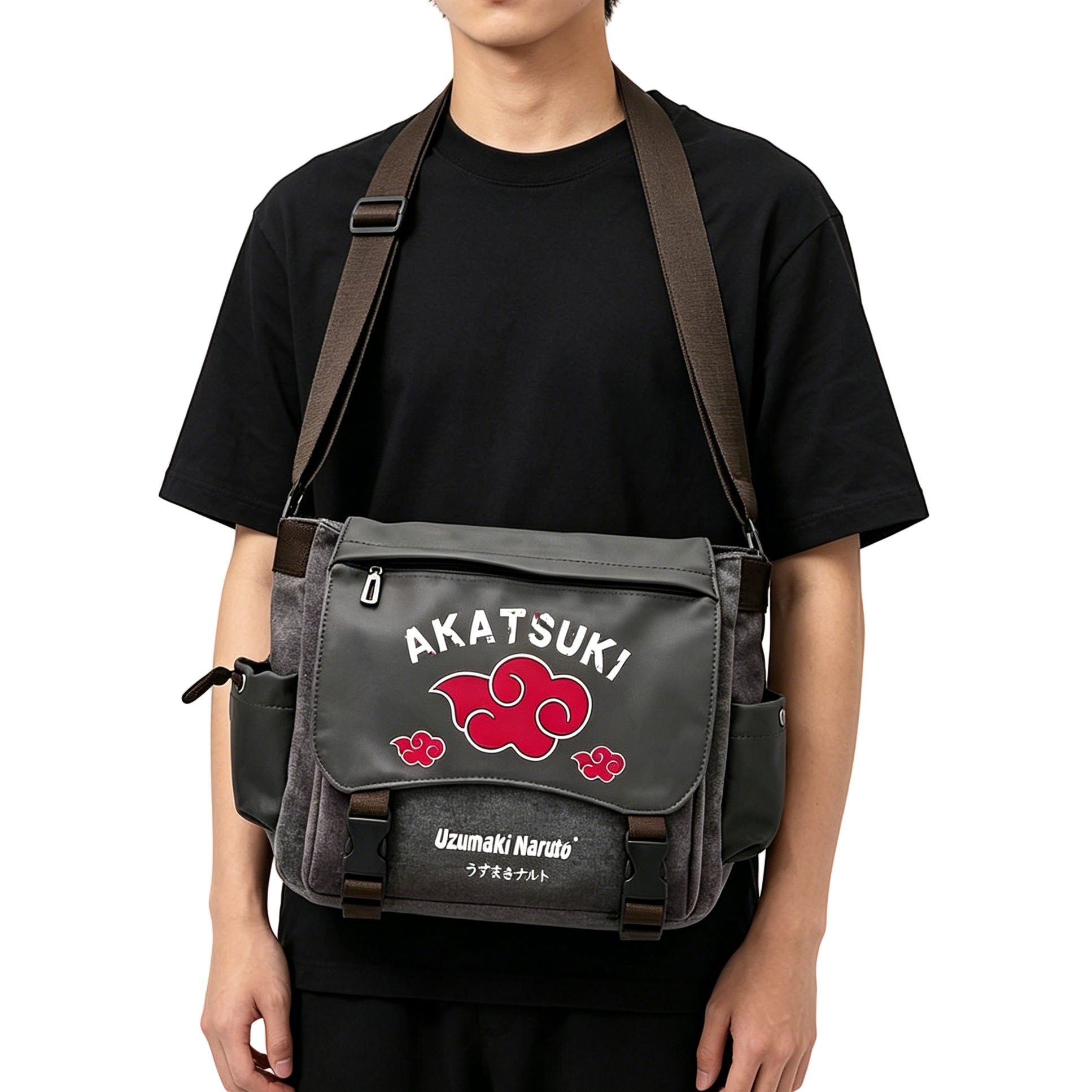 Naruto Sasuke Anime Messenger Bag, Akatsuki Leaf Village Logo Canvas Crossbody Shoulder Bag