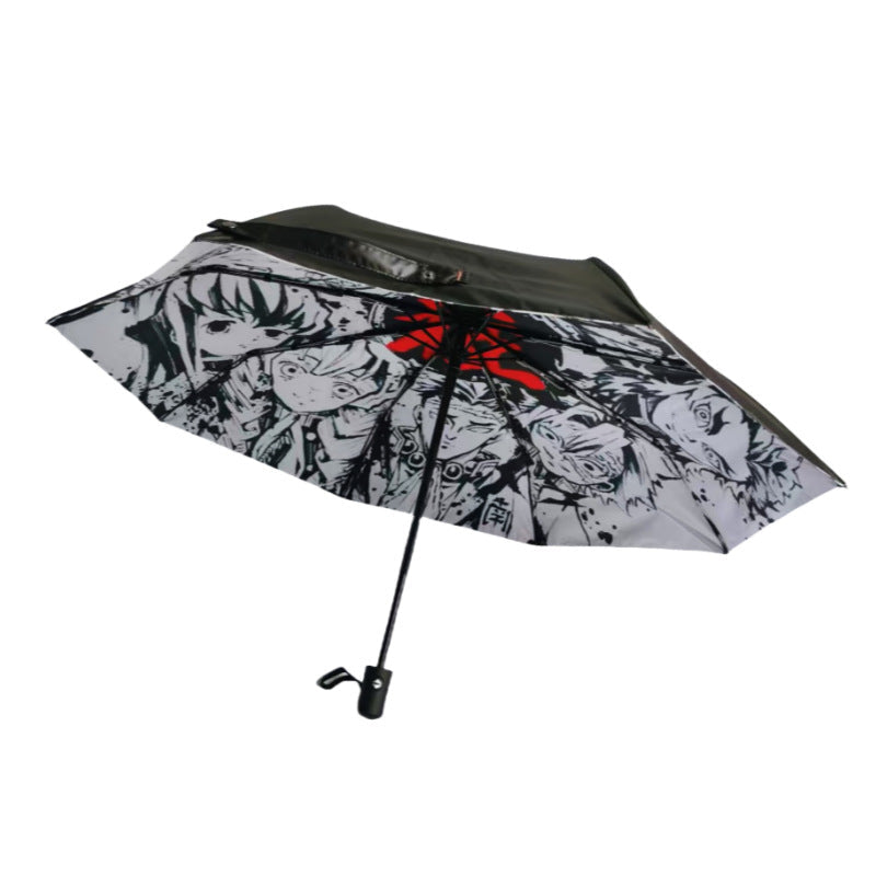 Demon Slayer Tanjiro Nezuko Automatic Folding Umbrella, Anime Hashira Print Black Coated Sun Rain Portable Umbrella