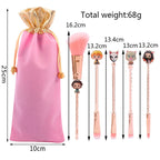 Demon Slayer Tanjiro Nezuko 5Pcs Anime Makeup Brush Set, Rose Gold Cosmetic Brushes with Storage Pouch