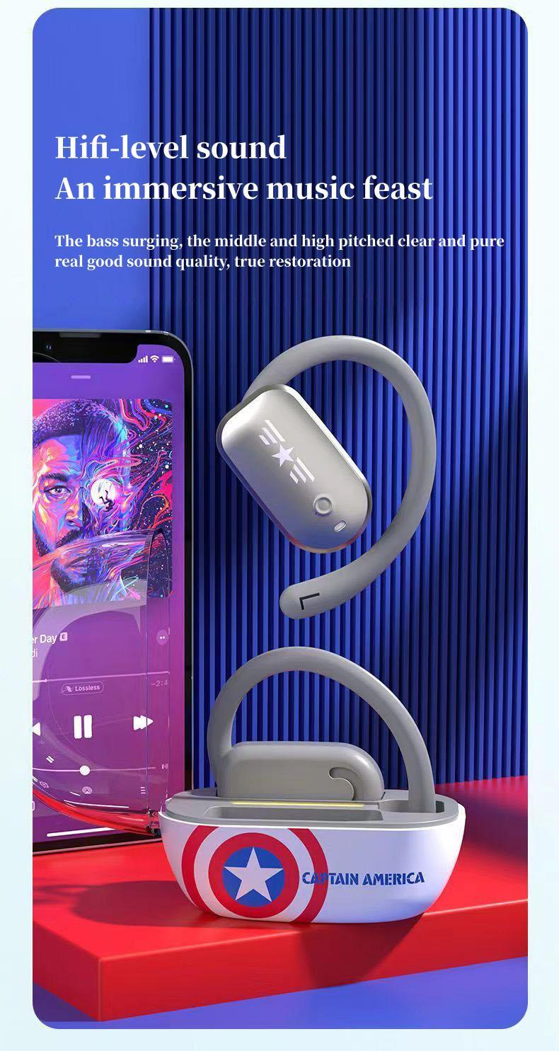 Marvel Iron Man Captain America Open-Ear Wireless Earbuds, Avengers Bluetooth 5.3 Air Conduction Headphones