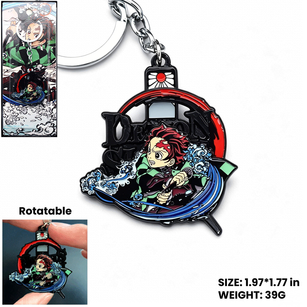 Demon Slayer Kamado Tanjiro Rotatable Keychain & Necklace, Anime Metal Pendant Jewelry Set