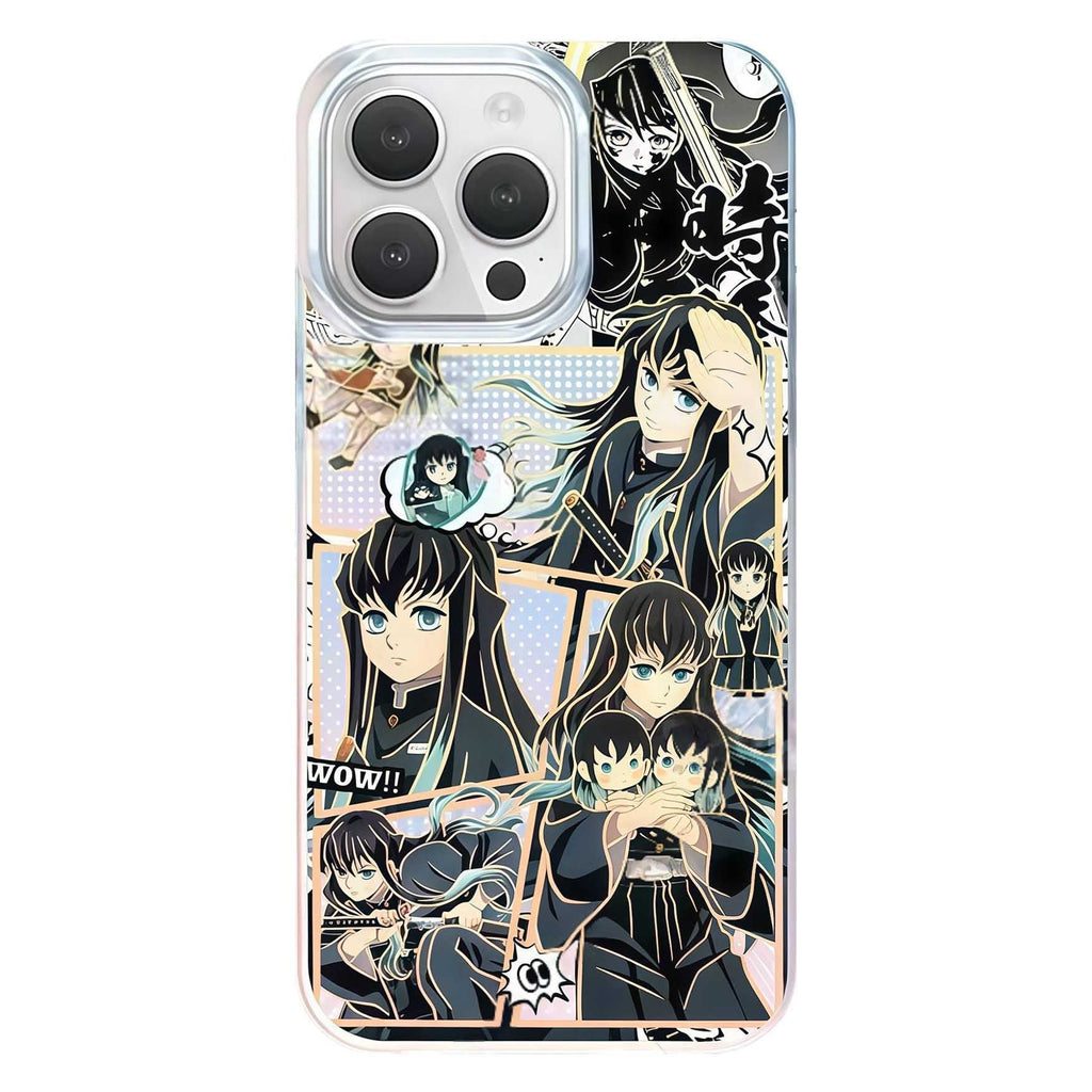 Demon Slayer Tokito Muichiro Anime Phone Case, Aurora Gradient Comic Collage Shockproof Airbag Protective Case For All iPhone Models Removable Lens Frame Clear Cell Phone Cover