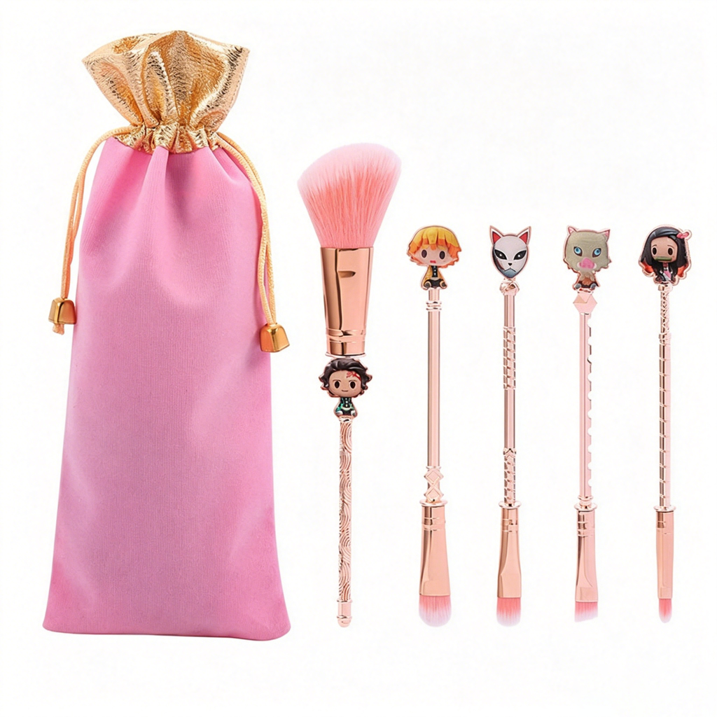 Demon Slayer Tanjiro Nezuko 5Pcs Anime Makeup Brush Set, Rose Gold Cosmetic Brushes with Storage Pouch