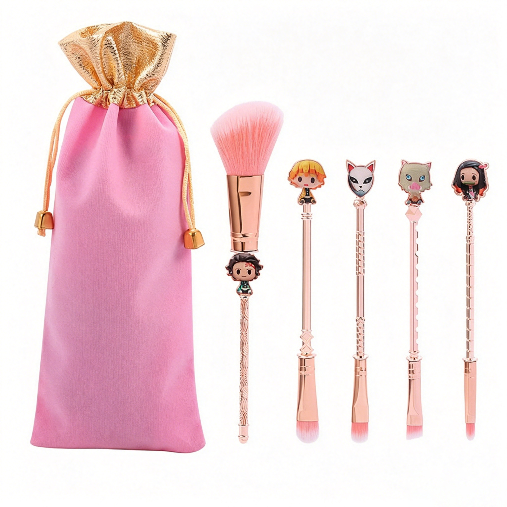Demon Slayer Tanjiro Nezuko 5Pcs Anime Makeup Brush Set, Rose Gold Cosmetic Brushes with Storage Pouch