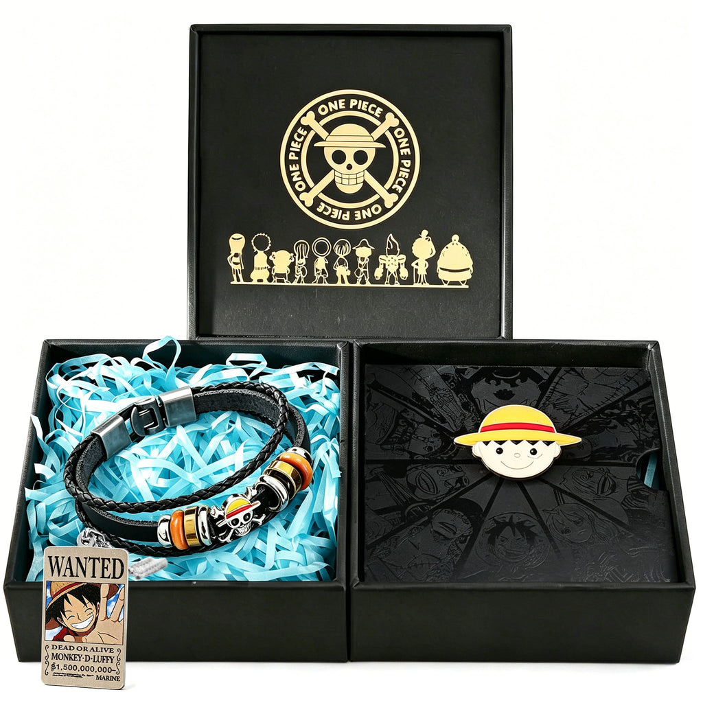 One Piece Monkey D. Luffy 3PCS Jewelry Set, Wanted Poster Necklace + Straw Hat Bracelet + Enamel Pin, Anime Collectible Accessory Bundle