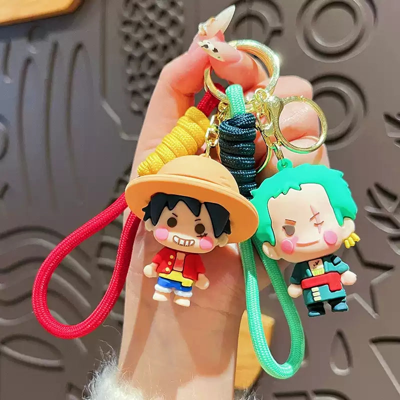 One Piece Luffy Zoro Cute 3D PVC Keychain, Anime Figure Key Ring with Braided Lanyard Pendant