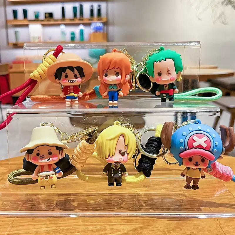 One Piece Luffy Zoro Cute 3D PVC Keychain, Anime Figure Key Ring with Braided Lanyard Pendant