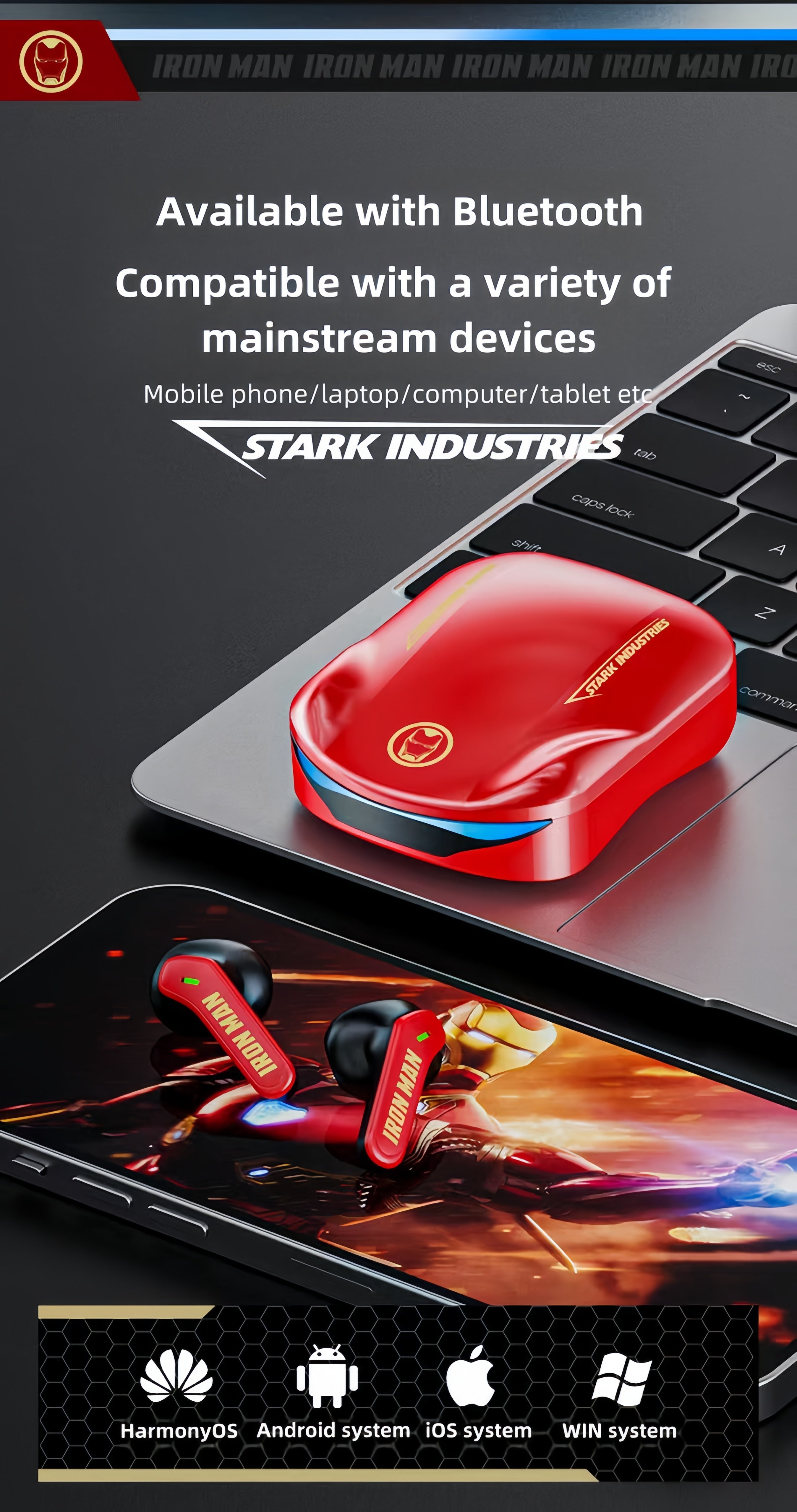 Marvel Iron Man Captain America TWS Wireless Gaming Earbuds, Sports Car LED Light Bluetooth 5.3 Headphones