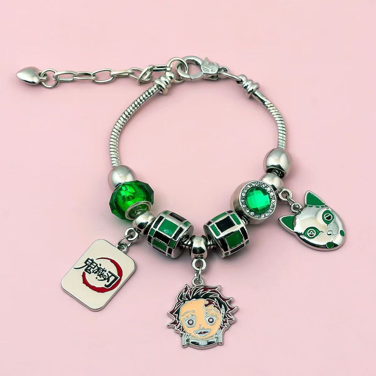 Demon Slayer Kamado Tanjiro Beaded Charm Bracelet, Adjustable Anime Chain