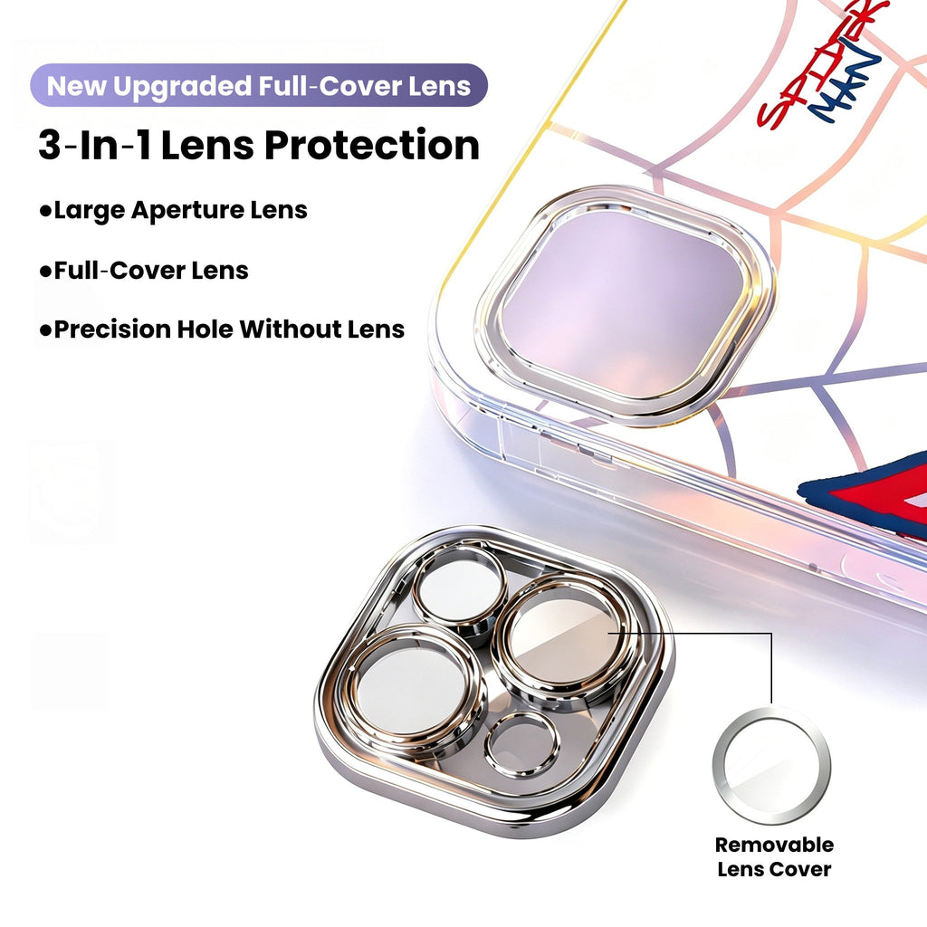 Marvel Spider‑Man Cartoon Web Graphic iPhone Phone Case, 3‑In‑1 Removable Electroplated Lens Frame Protective Phone Cover, Airbag Anti‑Drop Shockproof Phone Shell, 3 Lens Style Options Available