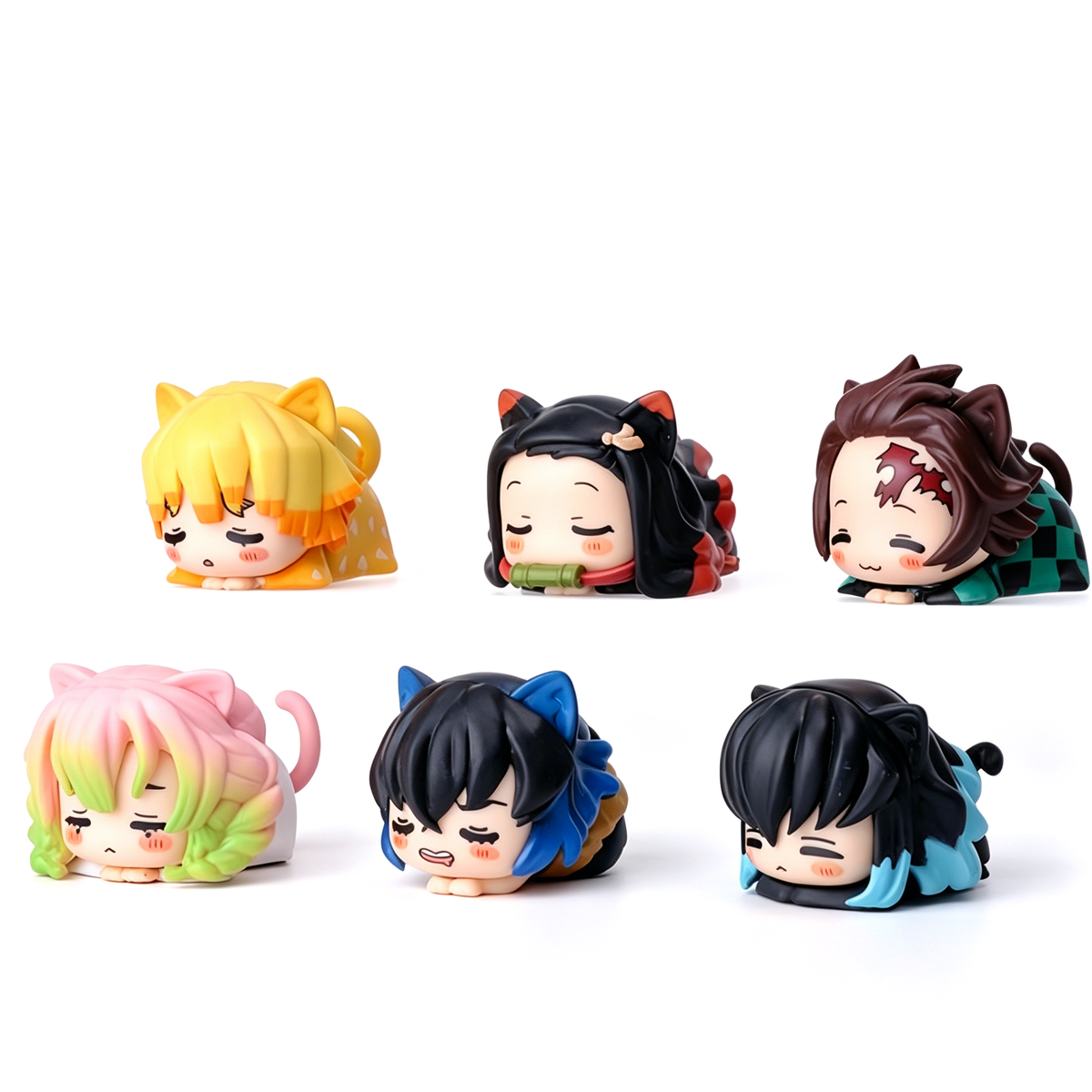 Demon Slayer Nezuko Tanjiro Cat Ear Chibi Figures, 6pcs Anime Sleeping Figurine Set