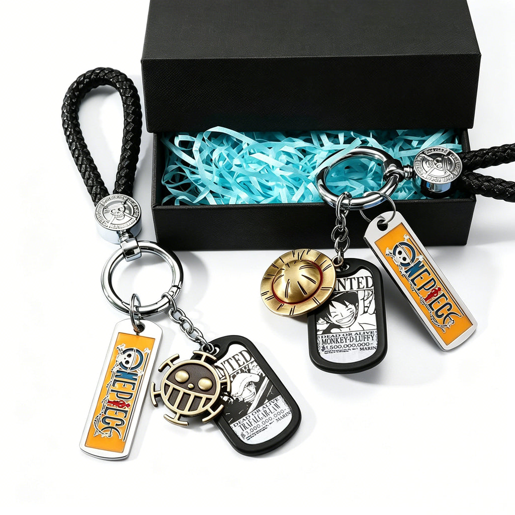 One Piece Anime Keychain Set - Braided Leather Wanted Poster Pendant Keychain