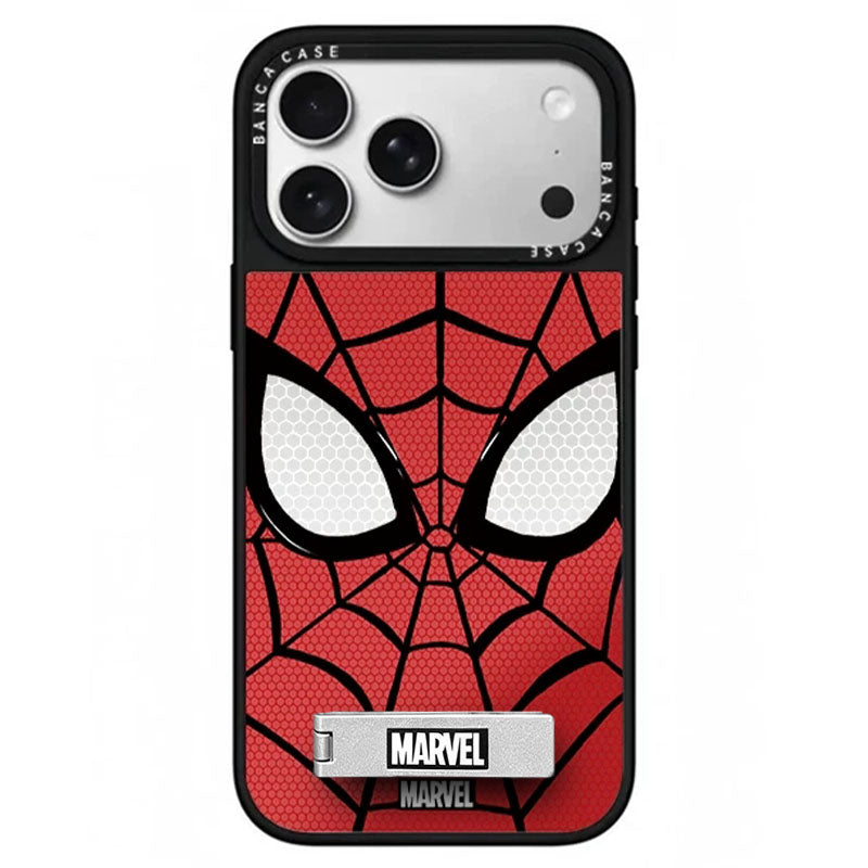 Marvel Spider-Man Web Face Print Phone Case With Built-in Metal Kickstand Slim Shockproof Soft Bumper Precise Cutout Anti-Scratch Protective Cover For iPhone Series