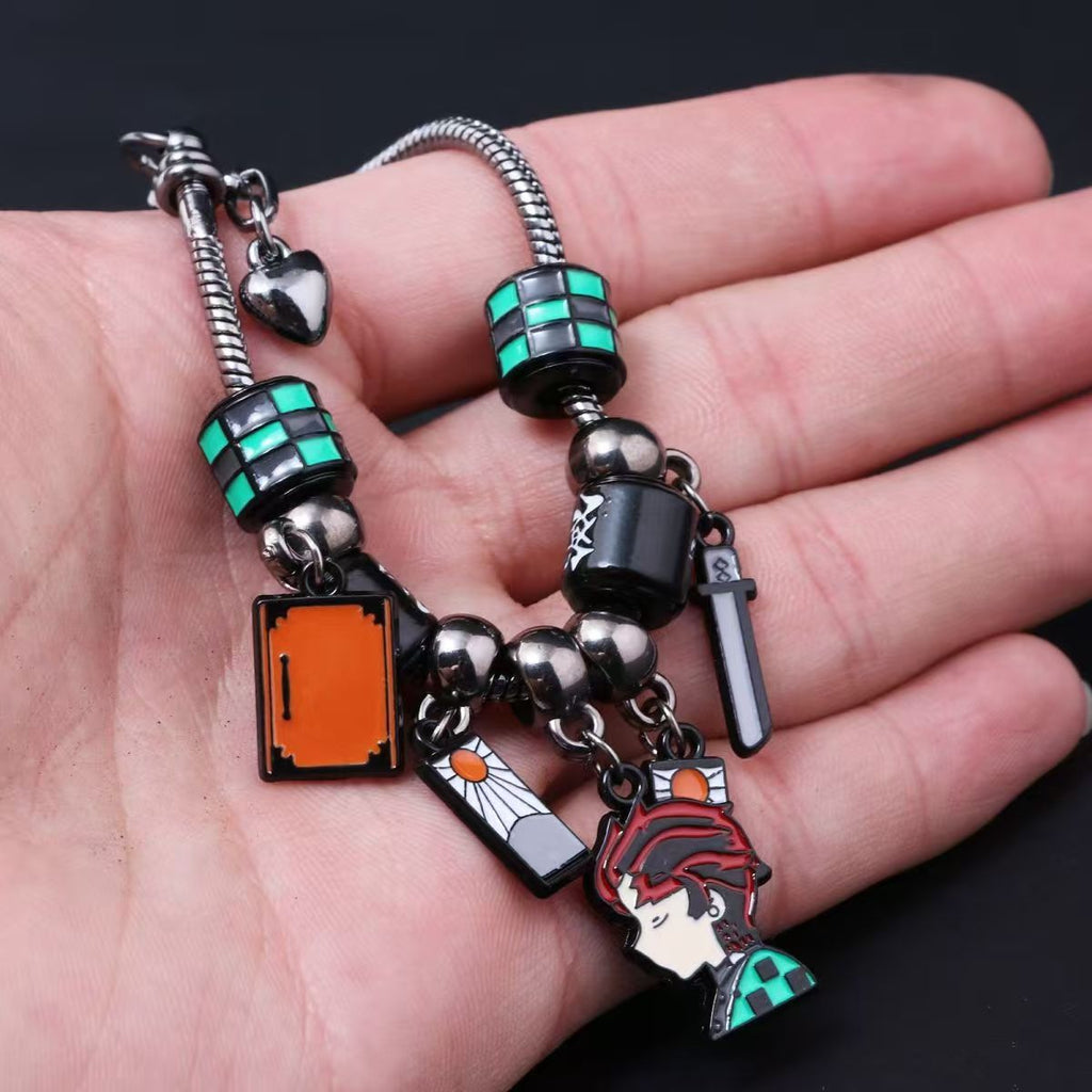 Demon Slayer Kamado Tanjiro Beaded Charm Bracelet, Adjustable Anime Chain