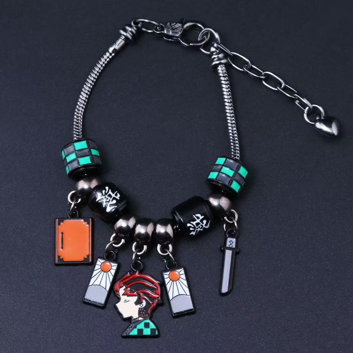 Demon Slayer Kamado Tanjiro Beaded Charm Bracelet, Adjustable Anime Chain