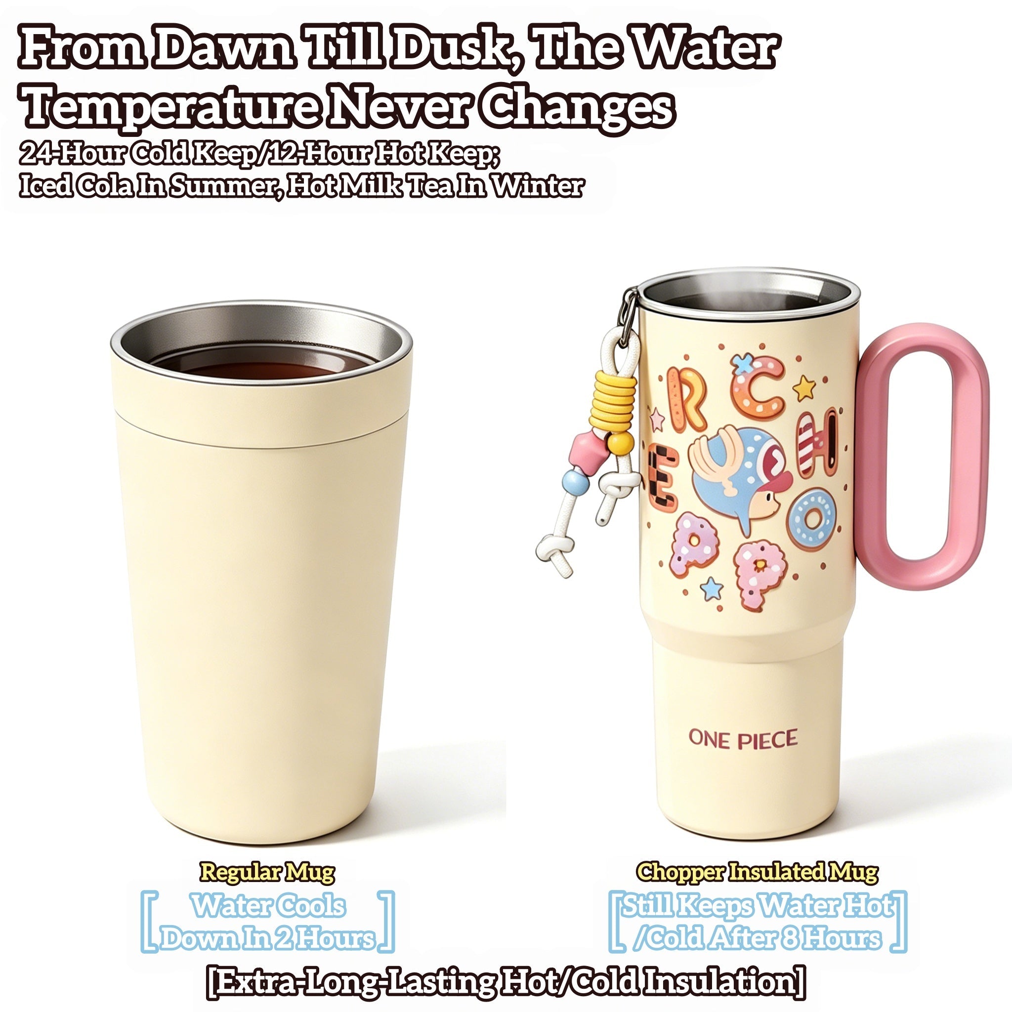 One Piece Tony Tony Chopper 720ml Insulated Tumbler, Anime Stainless Steel Iced Coffee Cup with Keychain