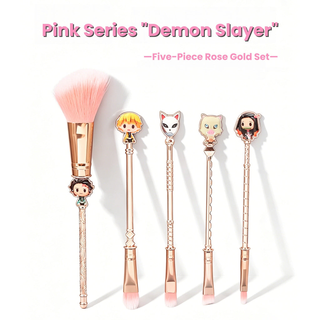 Demon Slayer Tanjiro Nezuko 5Pcs Anime Makeup Brush Set, Rose Gold Cosmetic Brushes with Storage Pouch