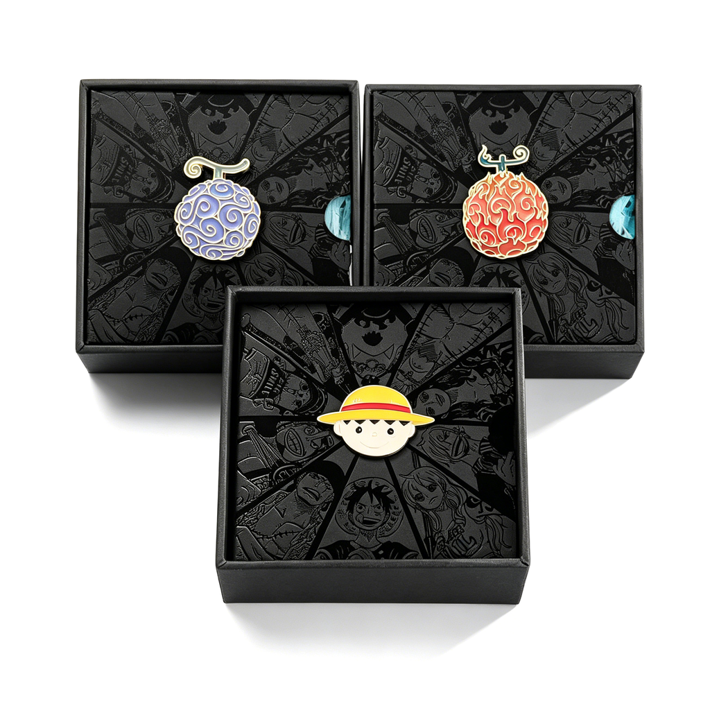 One Piece Luffy Ace Wanted Poster Keychain & Devil Fruit Pin Gift Set, Anime Metal Dog Tag Keychain with Brooch