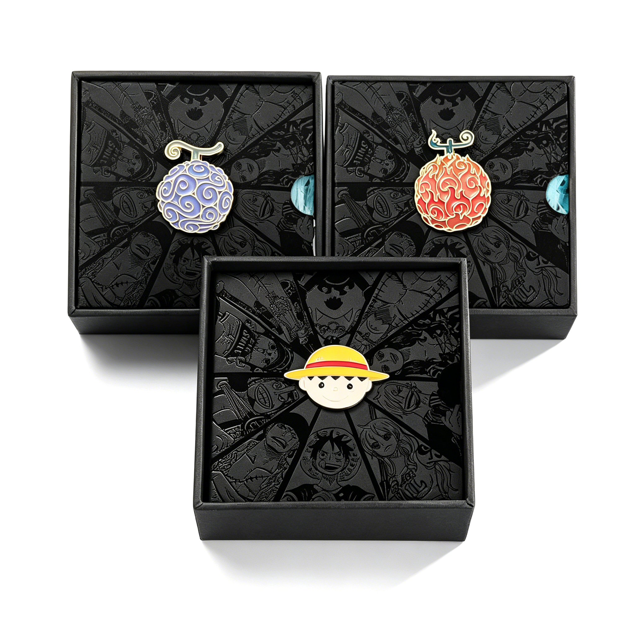 One Piece Luffy Ace Wanted Poster Keychain & Devil Fruit Pin Gift Set, Anime Metal Dog Tag Keychain with Brooch