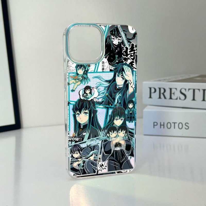 Demon Slayer Tokito Muichiro Anime Phone Case, Aurora Gradient Comic Collage Shockproof Airbag Protective Case For All iPhone Models Removable Lens Frame Clear Cell Phone Cover