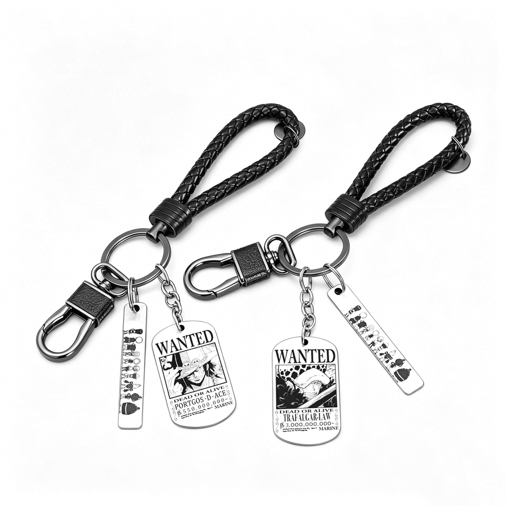 One Piece Luffy Ace Wanted Poster Keychain & Devil Fruit Pin Gift Set, Anime Metal Dog Tag Keychain with Brooch