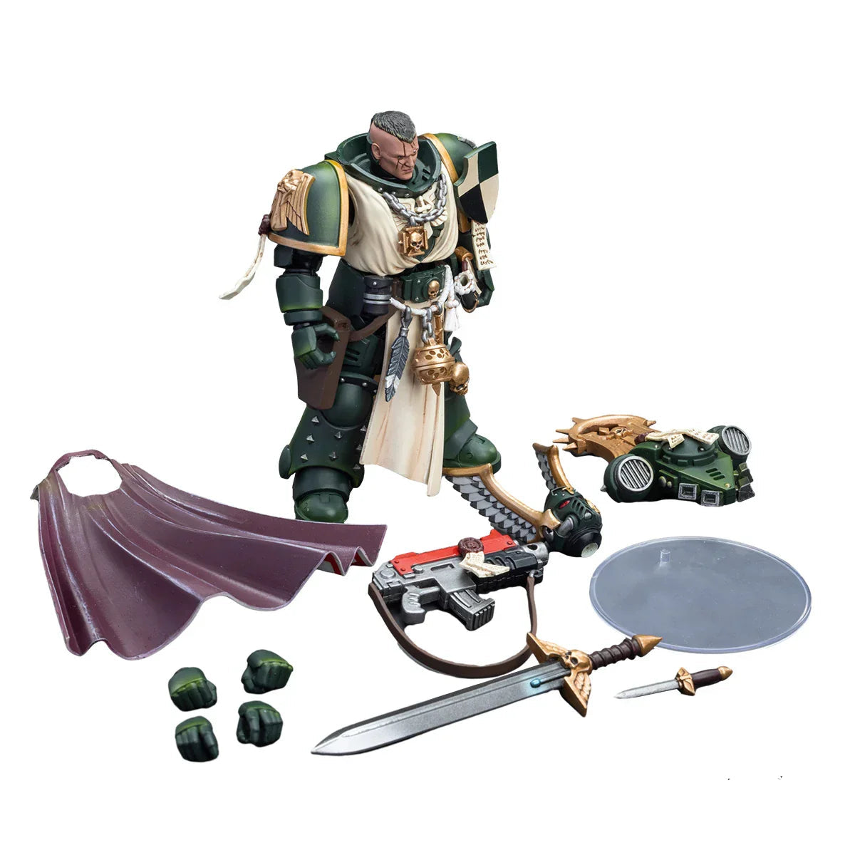 Toy figure with accessories on a white background, featuring Joytoy and Warhammer branding.