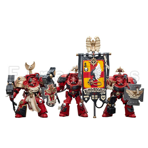 Toy figures with a banner featuring 'Black Dragons' logo, branded with Joytoy and Warhammer.