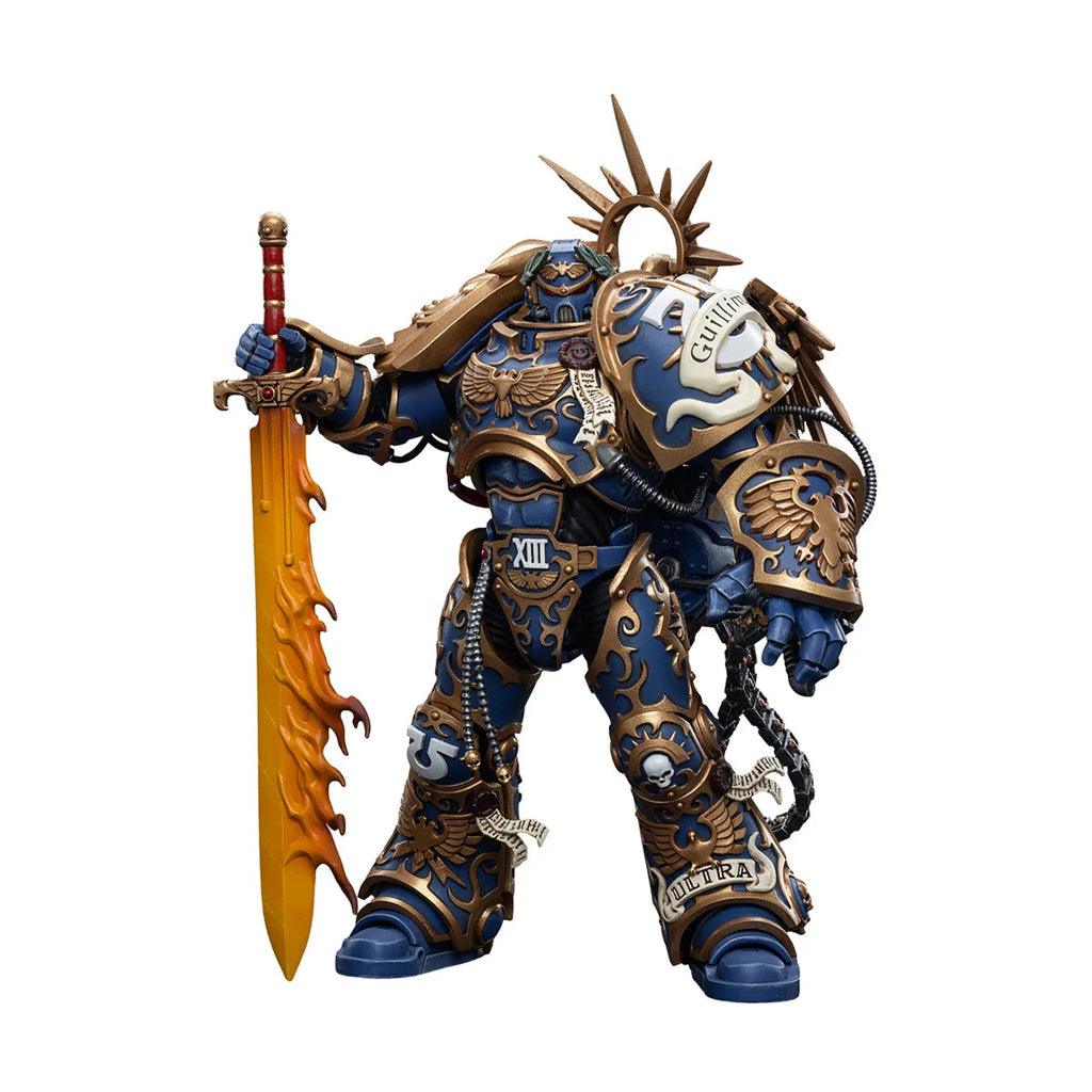 Warhammer 40,000 figurine with ornate armor and sword on a white background