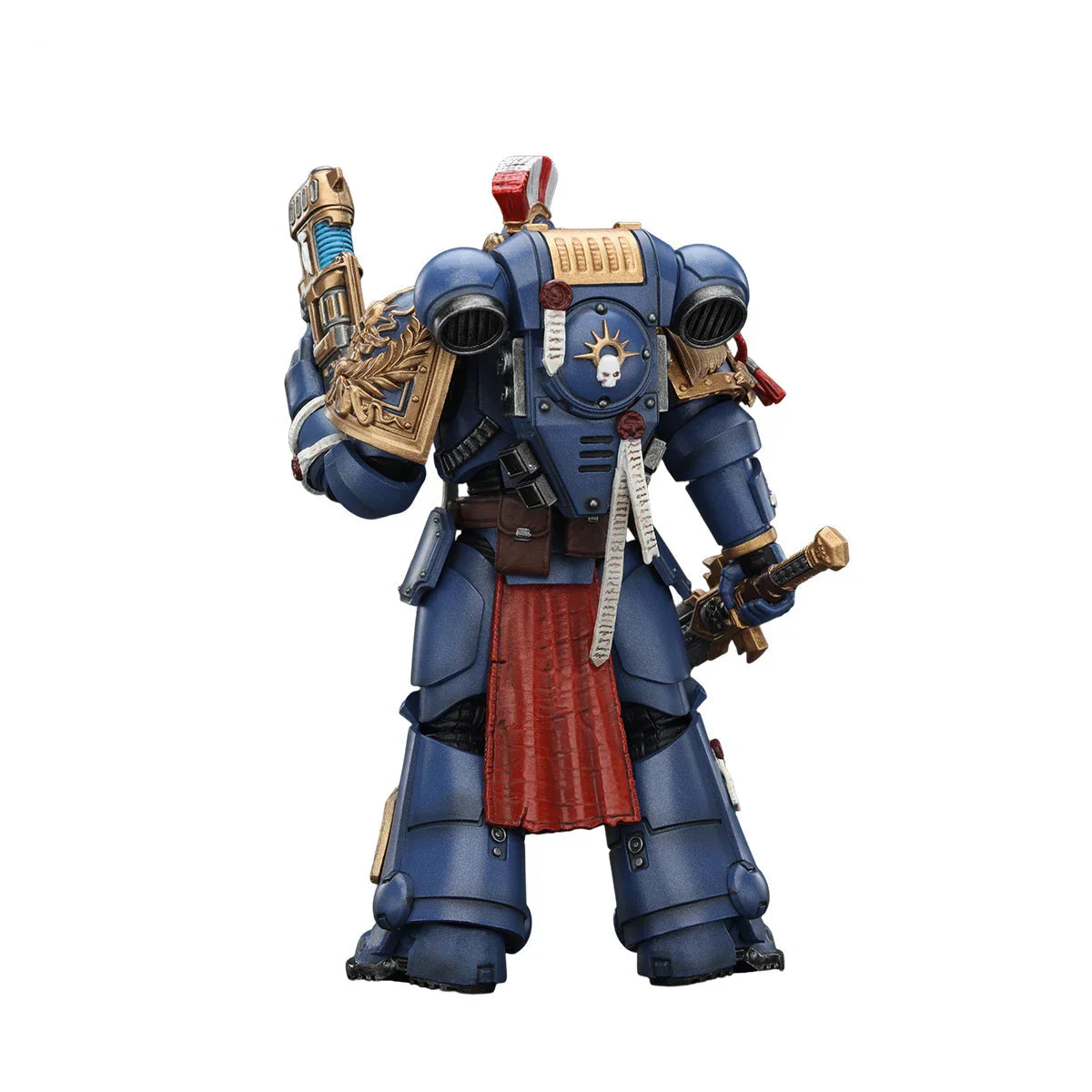Toy figure of a Space Marine in blue armor with Joytoy and Games Workshop branding.
