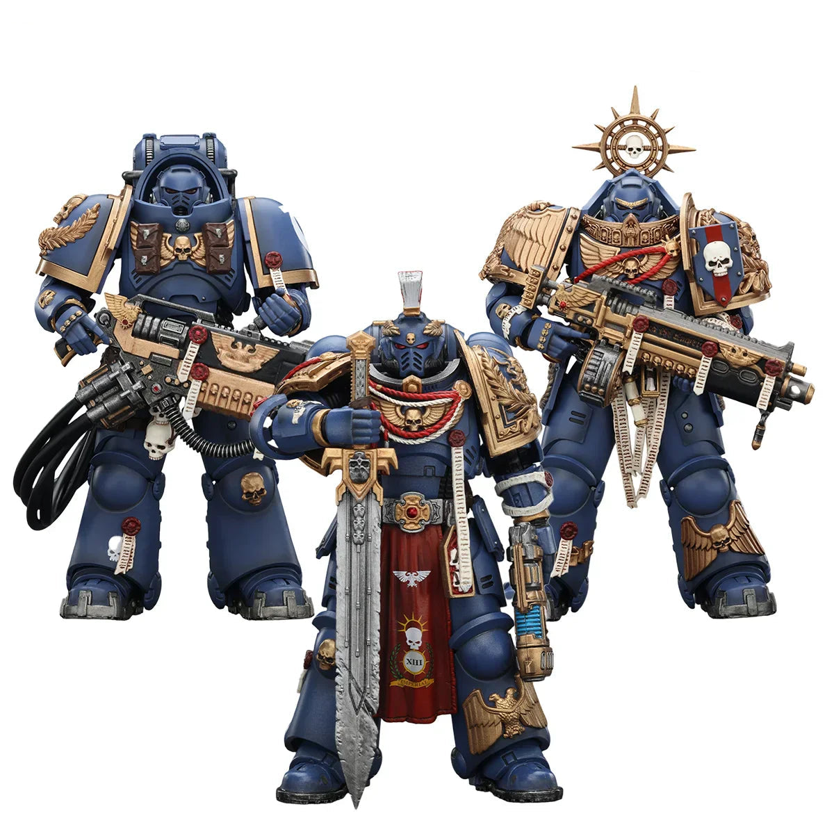 Three detailed action figures in blue and gold armor with weapons on a white background, featuring Joytoy and Flyima branding.