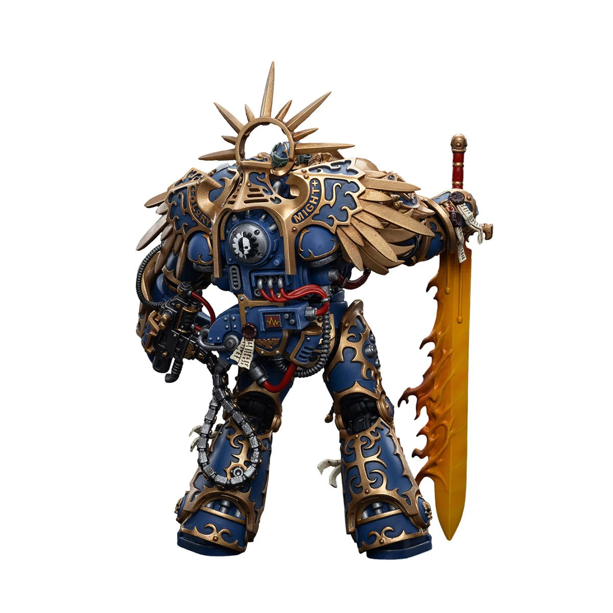 Toy figure with intricate design and sword, featuring Joytoy and Warhammer branding.